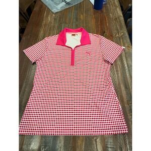 Puma Women's Pink White Polka‎ Dot Golf Polo Shirt Short Sleeve Collared Size L